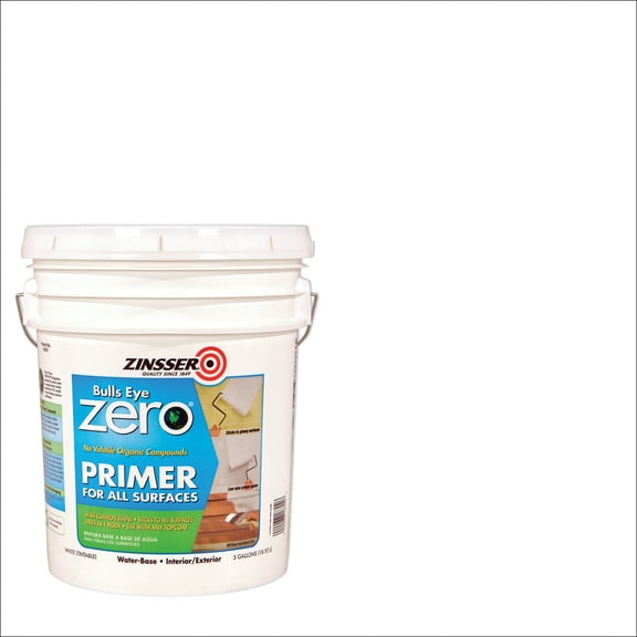 White, Zinsser Bulls Eye Zero Interior/Exterior Water-Based Flat Primer- 249021, 5 Gallon- 1 Pack