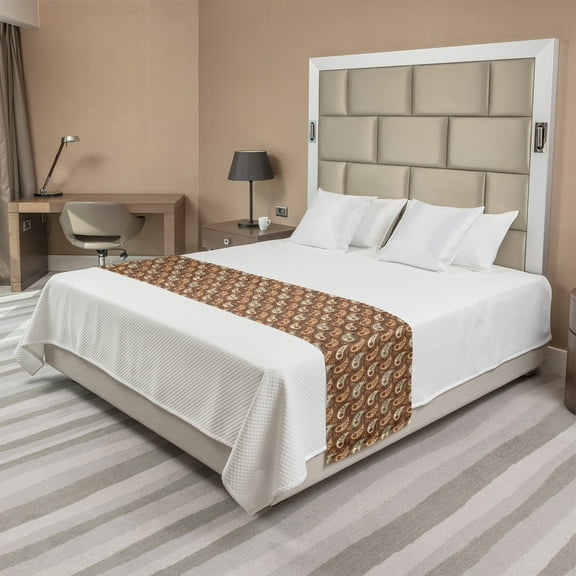 Brown Paisley Bed Runner, Autumn Leaves Inspired Oriental Continuous Pattern, Decorative Accent Bedding Scarf for Hotels Homes and Guestrooms, Queen, Champagne Pale Cinnamon, by Ambesonne