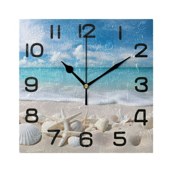Seastars Seashells on Beach Wall Clock Square Silent Non-Ticking Battery Operated Retro 7.78" Clock Home Kitchen Office Decoration