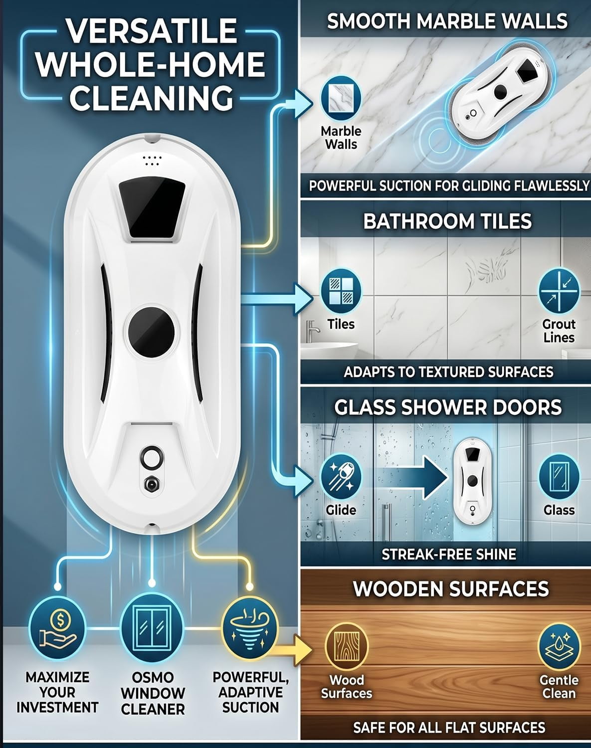 Automatic Window Cleaning Robot with 3200Pa Suction and Dual Automatic Spray, Smart Glass Vacuum for High Rise Windows, AI Edge Detection Safety, AI Path-Planning, Streak Free Hands Free Wash