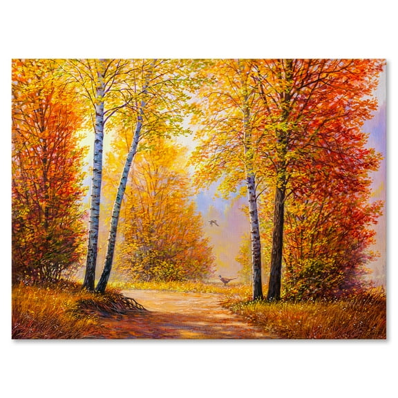 Designart ' Sunrise Glow Through The Autumn Trees ' Lake House Canvas Wall Art Print