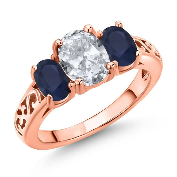 Gem Stone King 18K Rose Gold Plated Silver White Topaz and Blue Sapphire Filigree Style 3 Stone Ring for Women (2.61 Cttw, Oval 8X6MM and 6X4MM) (Size 9)