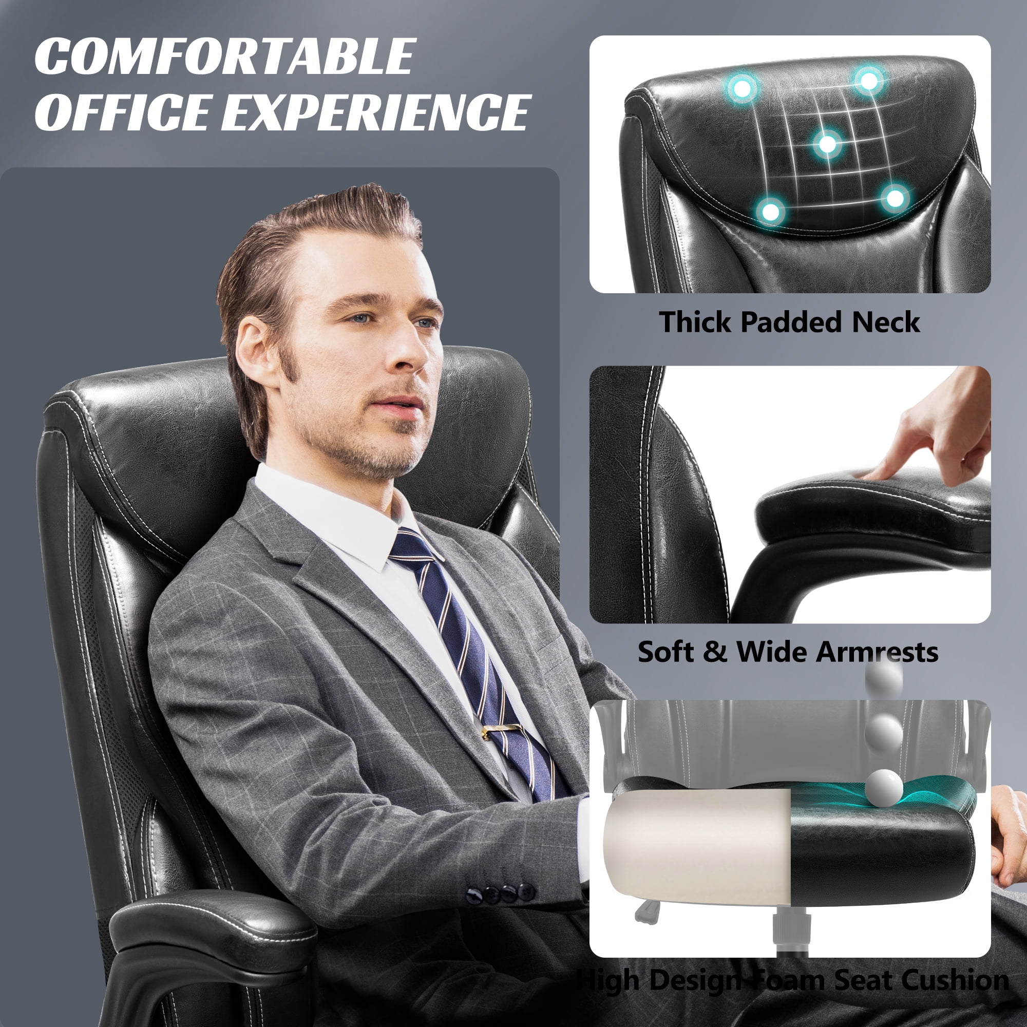 ATHOPE Executive Office Chair, Leather Office Chair with High Back Flip Up Armrests, Height Adjustable Comfy Desk Chair with Wheels, Ergonomic Computer Chair, Black
