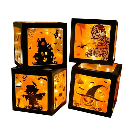 

Halloween Decorations Balloons Boxes 4 Pcs Outdoor Indoor Transparent Box with 4*9.84ft LED Light Strings and 32pc Balloons Party Supplies Favors