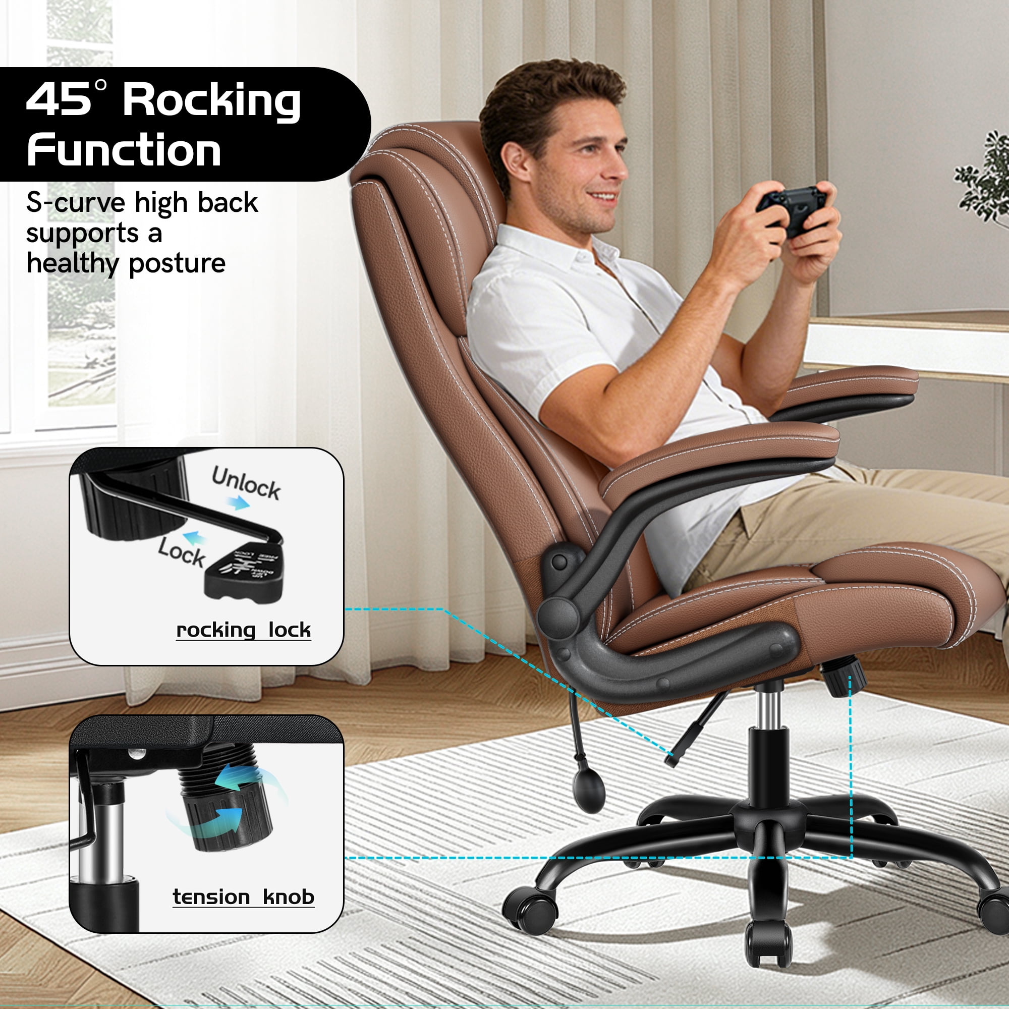 COOLHUT Big and Tall Office Chair 350LBS, Comfy Heavy Duty Executive Desk Chair with Adjustable Lumbar Support, Higth Back Computer Home Office Chair with Padded Flip -up Arms, Brown