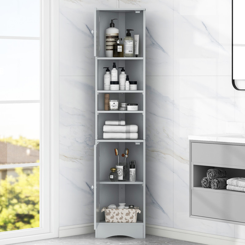 Triangular Corner Storage Cabinet with 2 Doors, Tall Bathroom Hutch Cabinet and Adjustable Shelves
