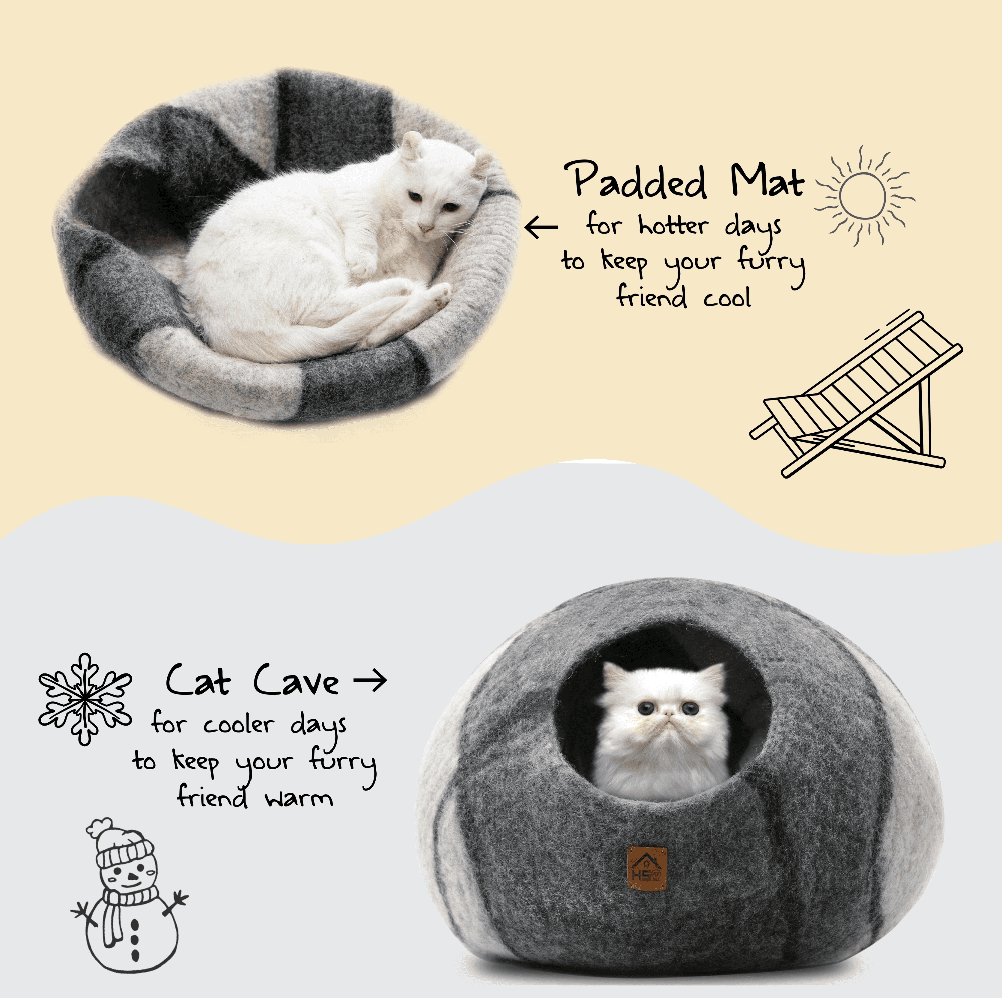 HAUSSIMPLE Wool Cat Cave Bed for Large Cats, Pet Sleeping Bed Natural 100% Merino Wool - Gray White