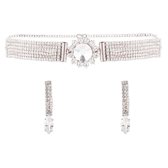 Efulgenz Rhinestone Choker Necklace and Earrings Set for Women Party Prom Austrian Collar Dainty Statement Necklace with Round Crystal Pendant and Linear Bar Earrings Fashion Jewelry Set Gift