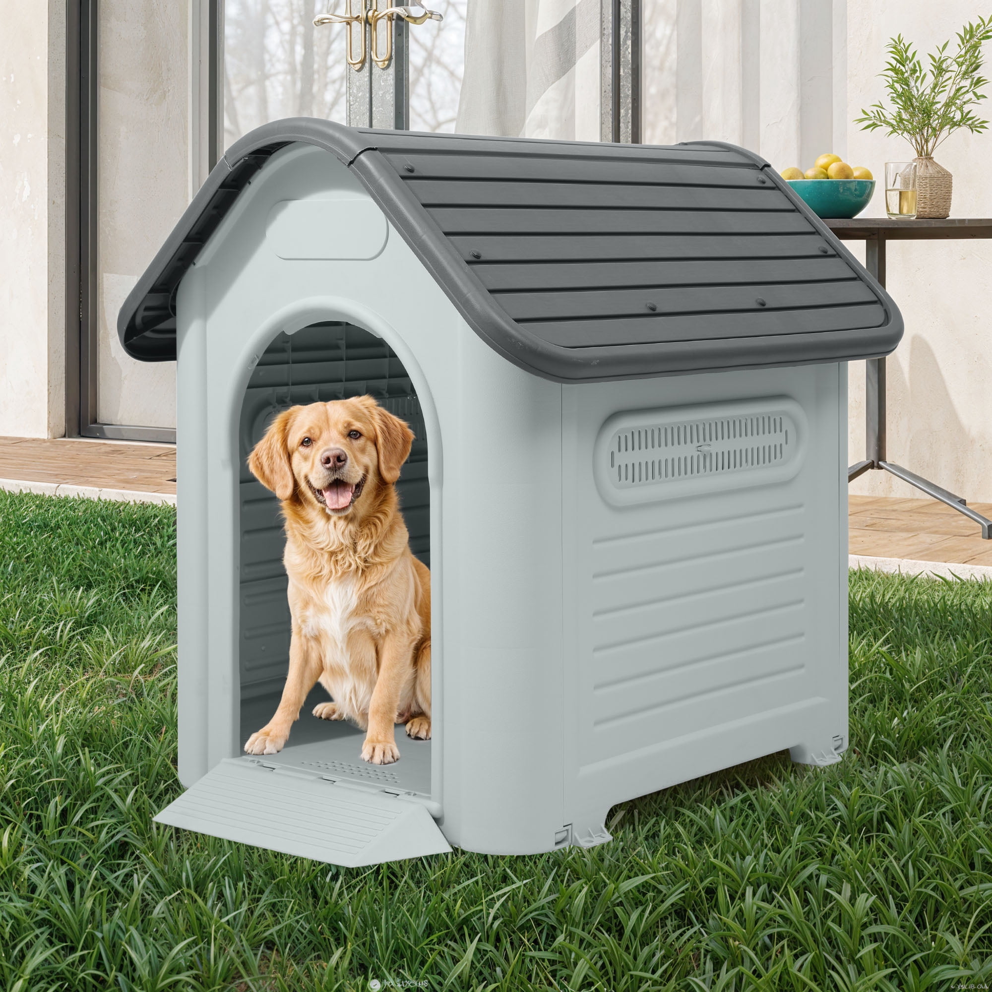 Uforic Extra-Large Waterproof Plastic Dog House with Adjustable Skylight and Elevated Floor, Outdoor Indoor Doghouse Puppy Shelter,Gray,39.4''Lx 33.5''Wx 37.8''H