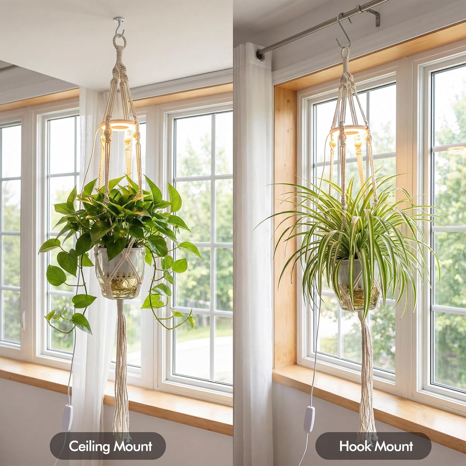 Hanging Grow Light Planter, Full Spectrum LED Plant Light for Indoor Plants, Macrame Hanging Plant Holder with Grow Lamp, Hanging Planter for Indoor Plants with Grow Light for Home Decor, Balcony, Li