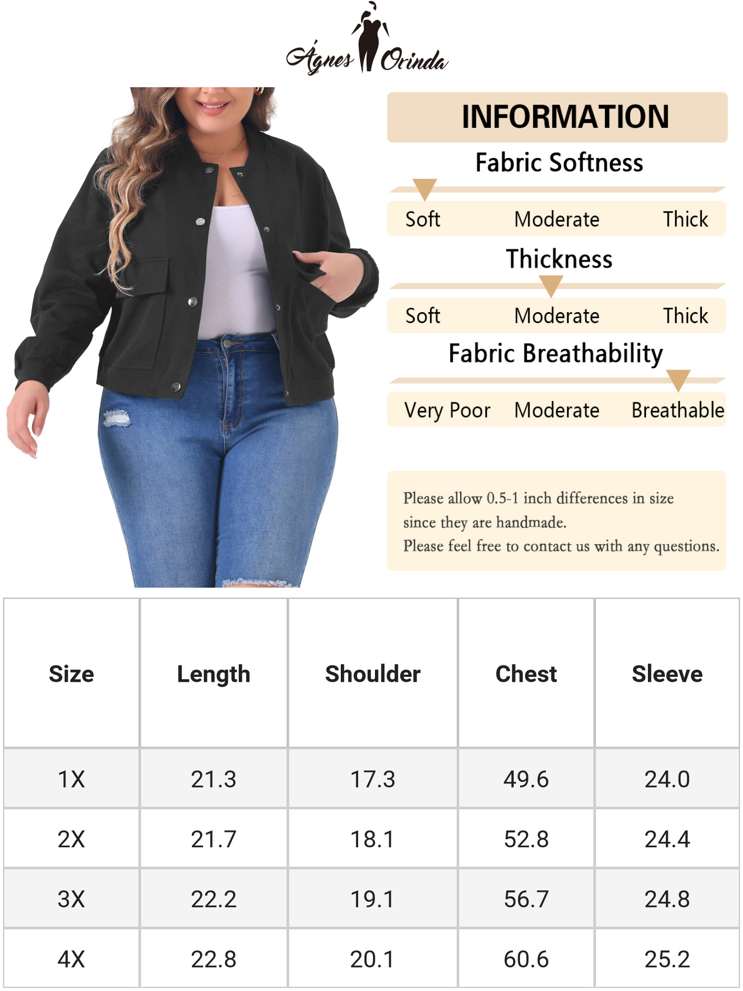 DARING DIVA Plus Size Long Sleeve Stand Collar Button Down Jacket 4X Black