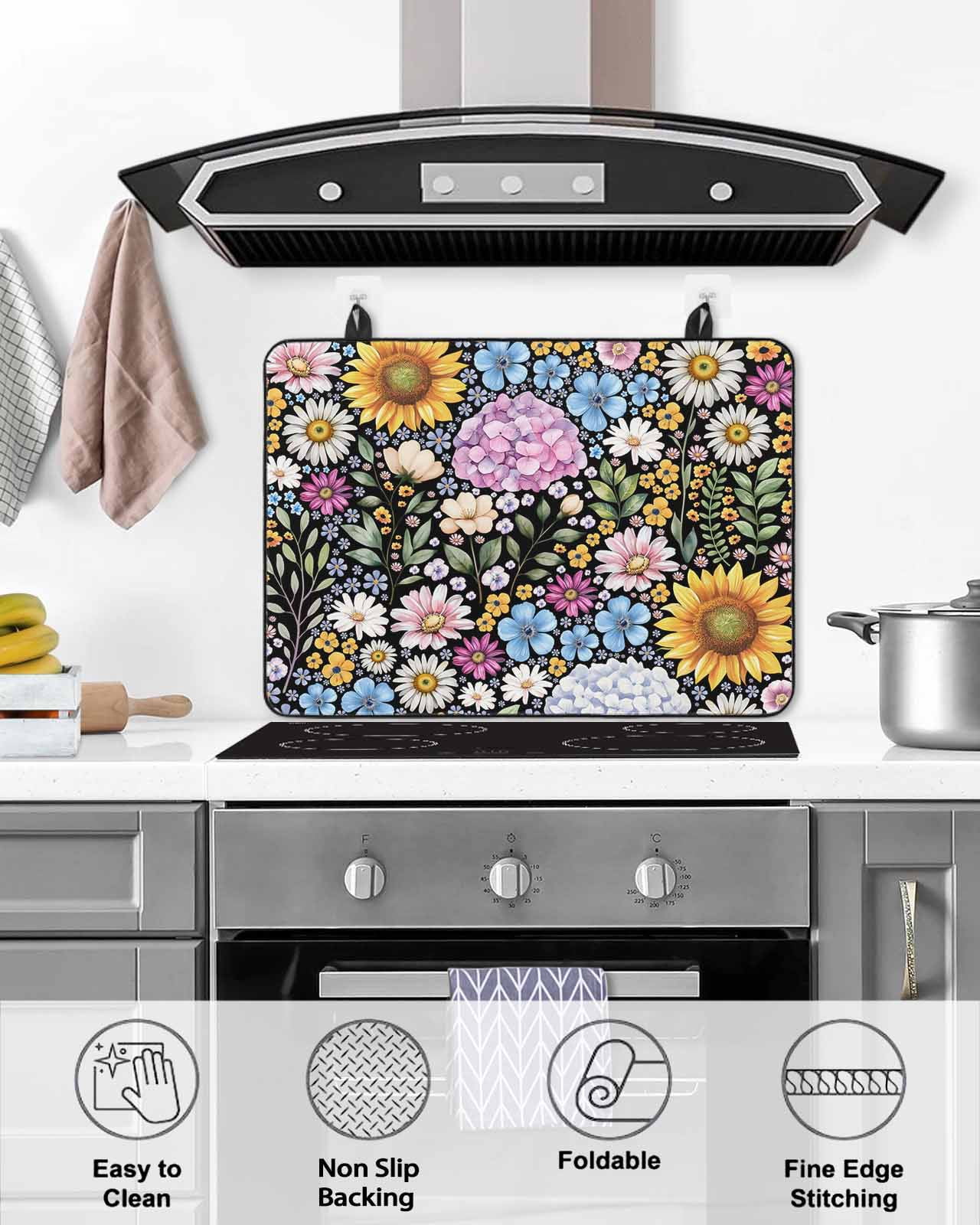 Large Induction Cooktop Protector Mat Sunflower Stove Top Covers for Electric Stove, Colorful Flowers Summer Botanical Decorative Stove Burner Cover Mats, Glass Top Stove Cover