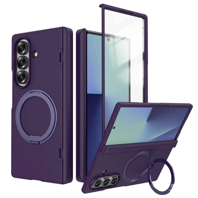 Magnetic Case for Samsung Galaxy Z Fold 7 in a sleek purple design, featuring a 360° rotating kickstand, ergonomic ring holder, and built-in screen protector. The case includes hinge protection and raised bezels for enhanced durability against drops and scratches. Its slim profile supports wireless charging with a magnetic back for secure alignment. Shown in multiple angles, highlighting its precise fit and functionality for the Galaxy Z Fold 7.