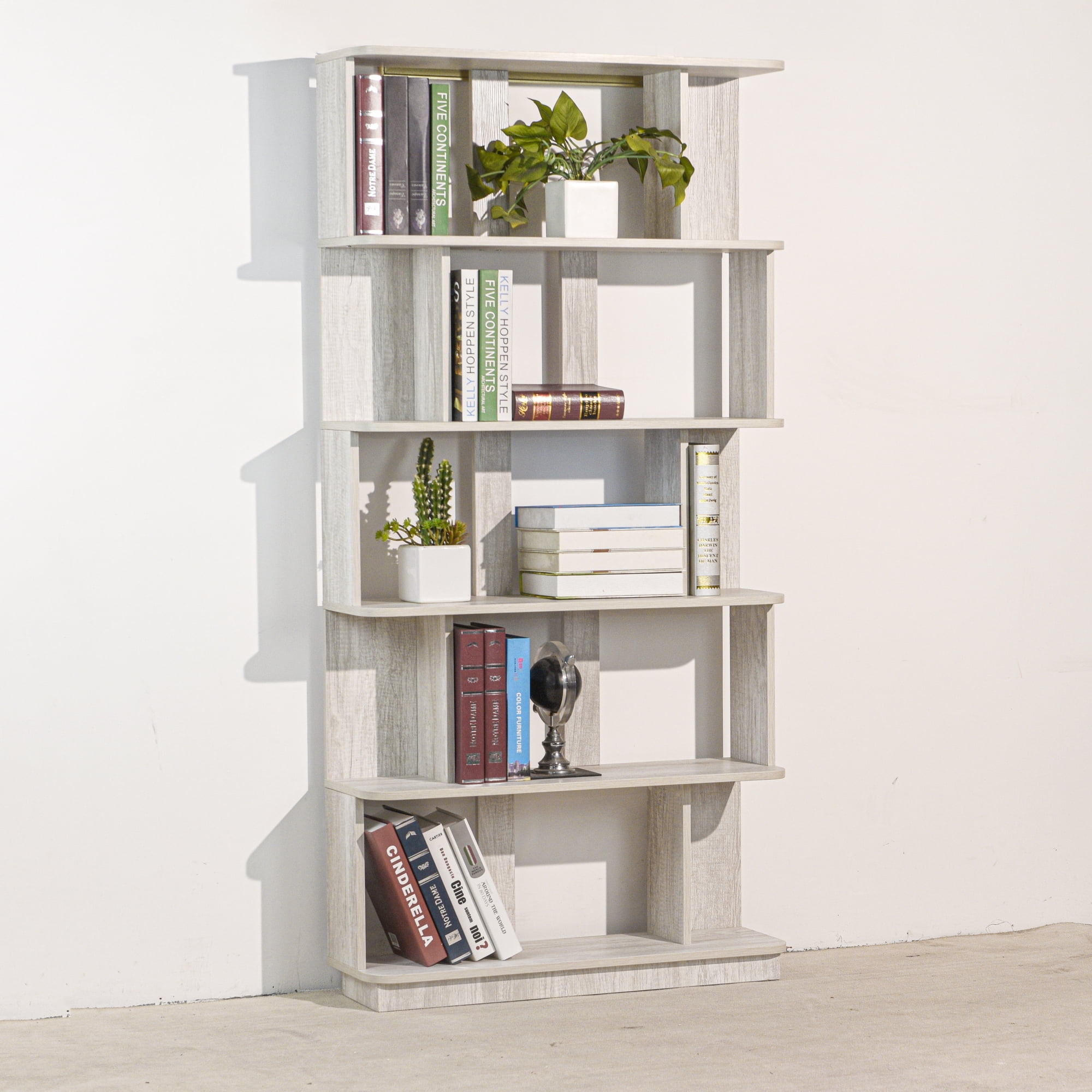Leumius 5 Tier Open Storage Bookcase,Free Combination Bookshelf,Wood Display Shelving for Living Room Home Office Bedroom Decor Organizer,31.5" L x 64.56" H,Light Gray