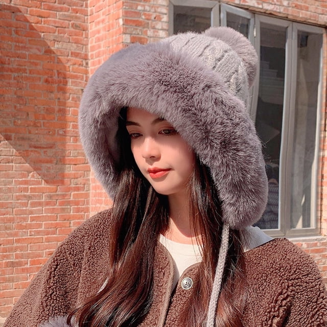Gray Scarf ,Hat,& Gloves Ladies Winter Knitted Wool Cap Three Ball Pullover Cap Fleece Warm Ear Protection Hat