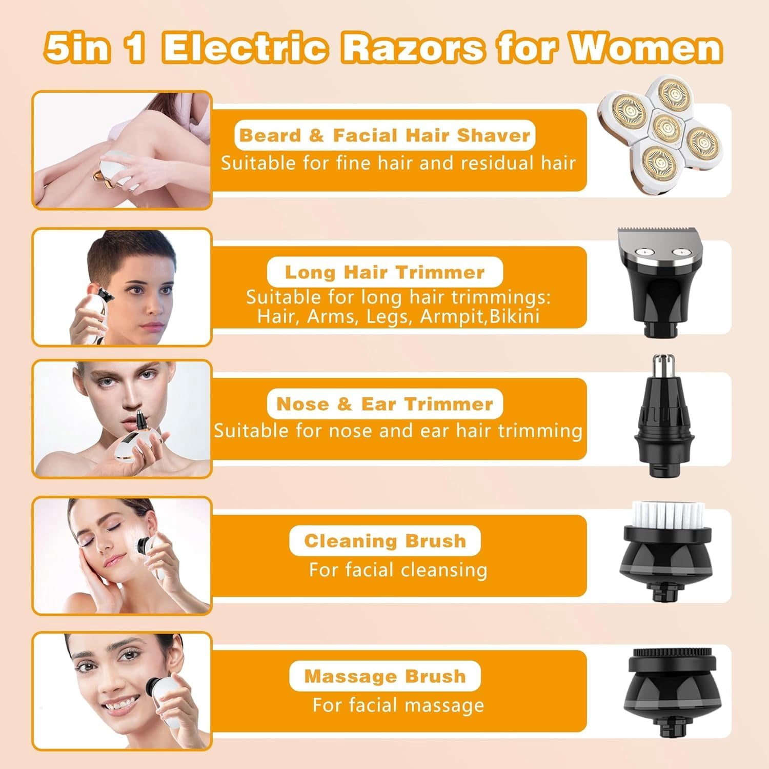 Aochakimg 5-in-1 Electric Razors for Women,  Rechargeab Electric Shaver Kit for Legs Bikini Body , Cordless Trimmer for Womens Bikini Grooming