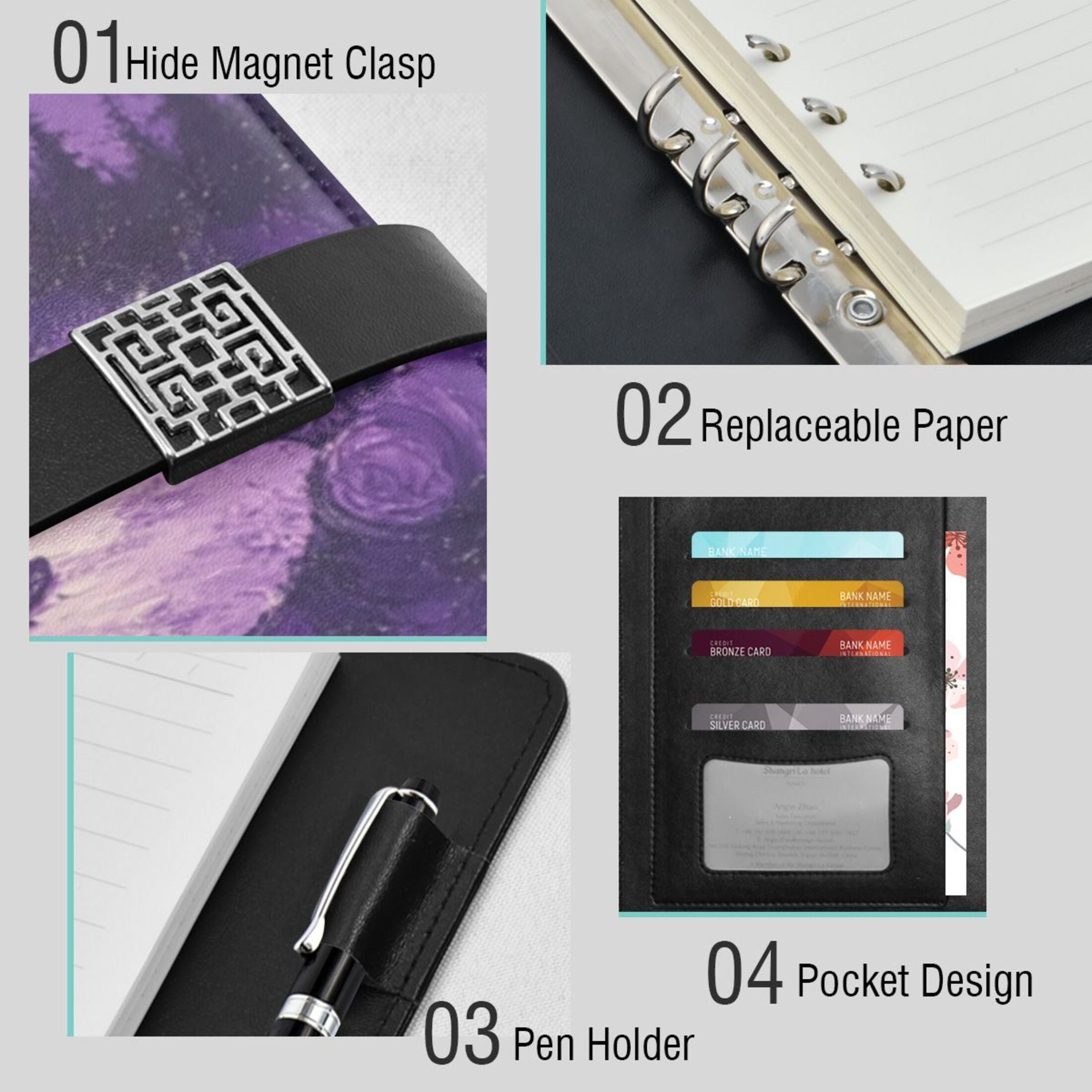Leather Planner Leather Notebook Notebook Journal Binder Design Pen Pocket Design Convenient for Storage Purple Forest Pattern