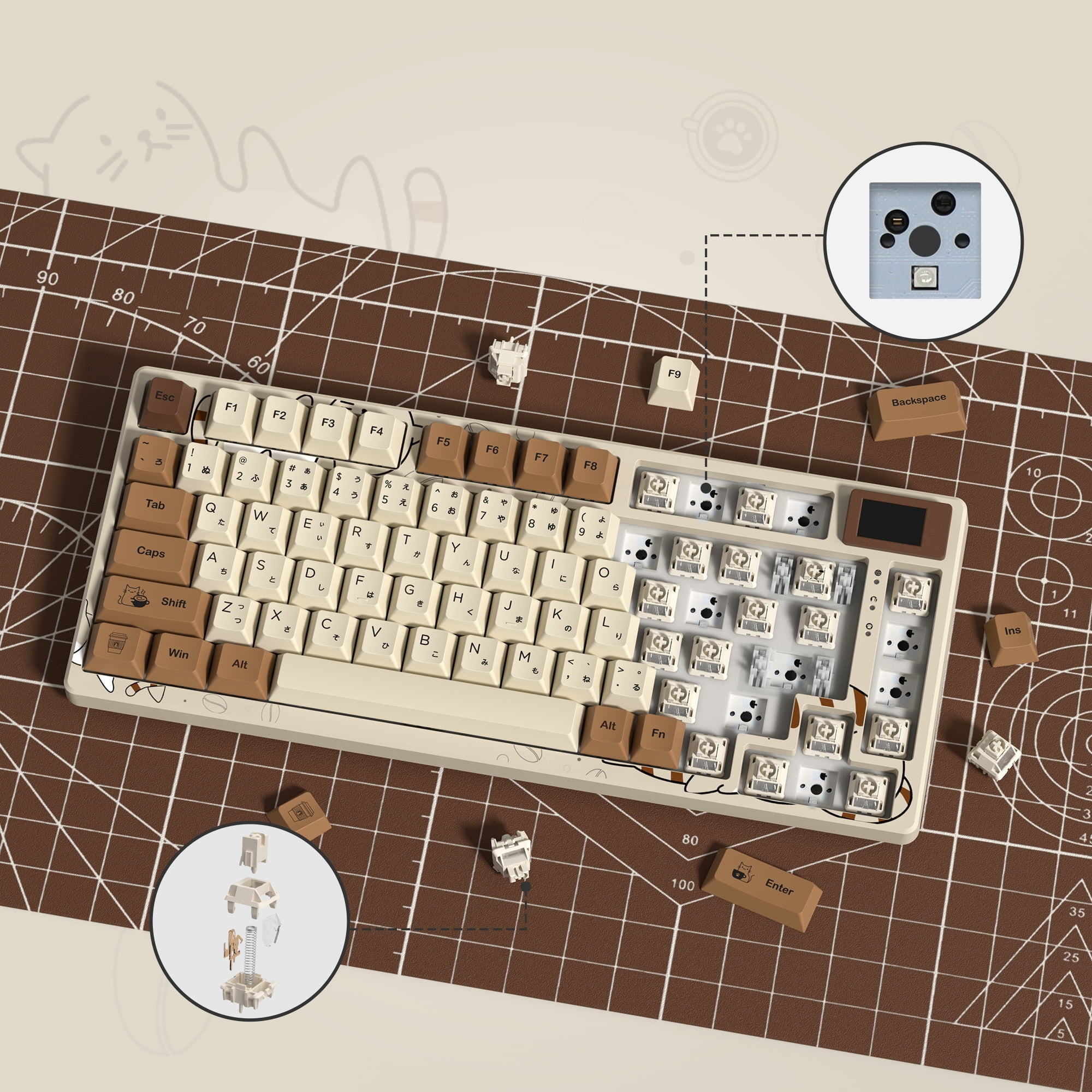 COSTOM Mechanical Keyboard,75% Gaming Keyboard RGB Custom Keyboard with Hot Swappable,Keyboard Driver and Multimedia Screen for Mac/Win, Coffee