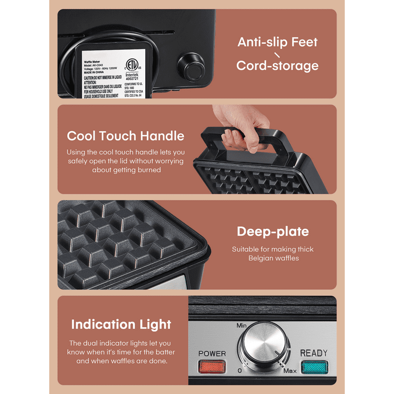 FOHERE ワッフルメーカー ブラック FOHERE 4-Waffle Electric Belgian Waffle Maker, Black