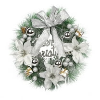 Christmas Wreaths for Front Door 12" Artificial Christmas Wreath with Bow, Flower and Gifts Box Ornaments, Silver Merry Christmas Garland Wreaths for Holiday Party, Indoor Outdoor Xmas Decorations