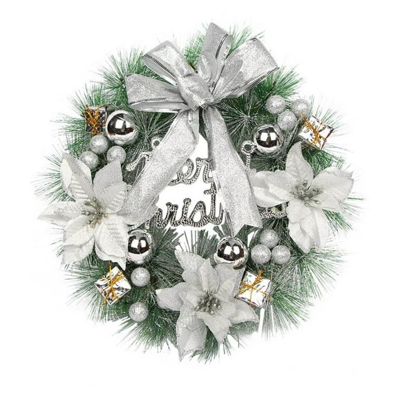 Christmas Wreaths for Front Door 12" Artificial Christmas Wreath with Bow, Flower and Gifts Box Ornaments, Silver Merry Christmas Garland Wreaths for Holiday Party, Indoor Outdoor Xmas Decorations