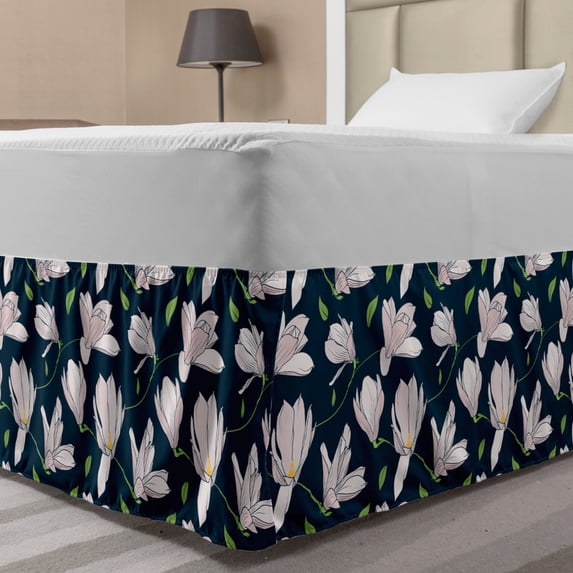 Magnolia Bed Skirt, Japanese Sakura on Blue Shade Background Spring Season Pattern, Elastic Bedskirt Dust Ruffle Wrap Around for Bedding Decor, 4 Sizes, Baby Pink Dark Blue, by Ambesonne