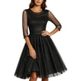 thumbnail image 2 of Karymi Easter Dress Glitter Mesh Cocktail Party Dress, Round Neck 3/4 Sheer Sleeve High Waist A-Line Knee Length Dress, Sparkly Tulle Evening Dress Summer Dress, 2 of 7
