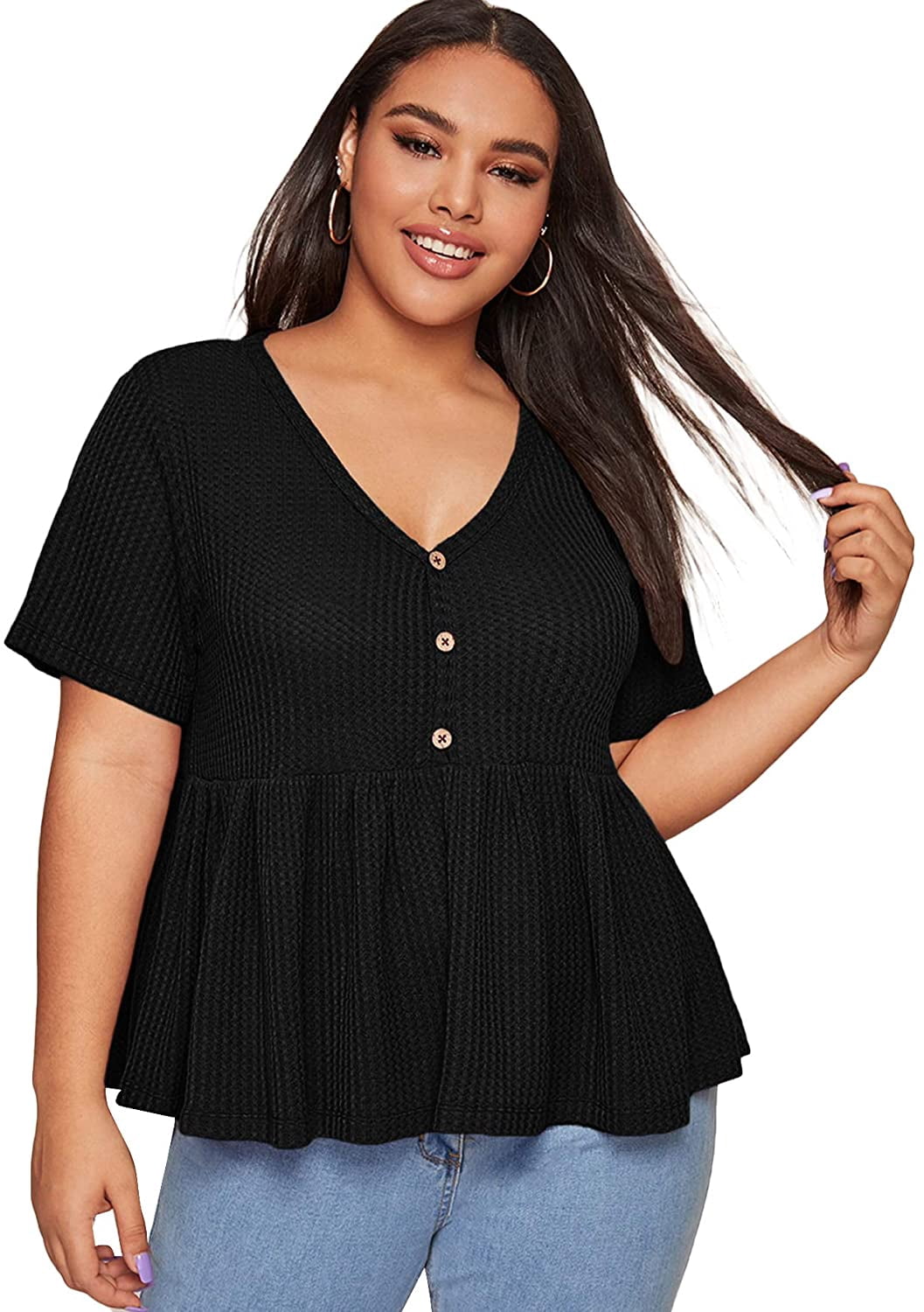 V Neck Ruffle Hem Babydoll Tops 