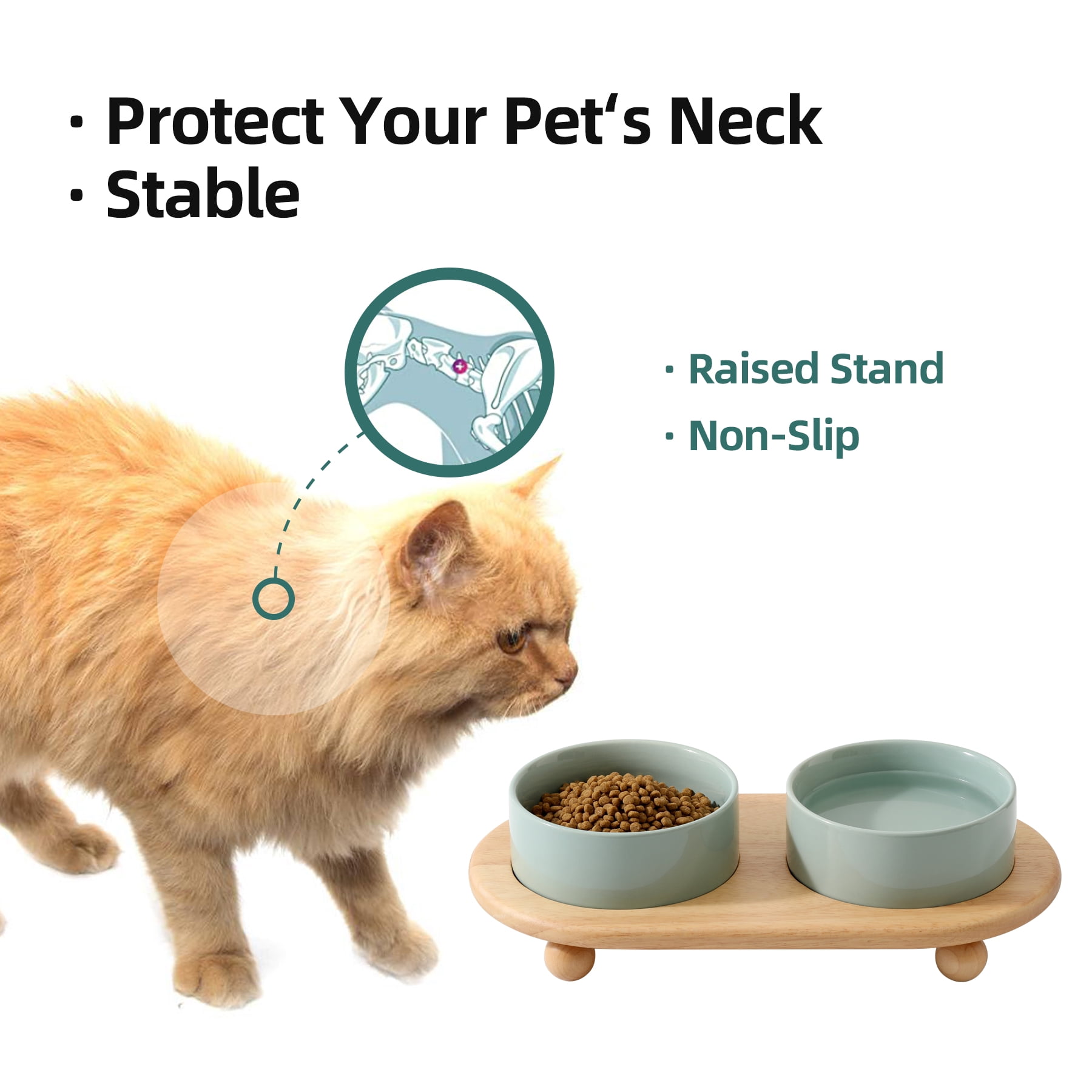 LarqeeWare Ceramic Elevated Cat Food and Water Bowl, Kitty Bowl, Raised Cat Dish, Pet Feeder (5.1 in, 2 x Light Green + Stand)