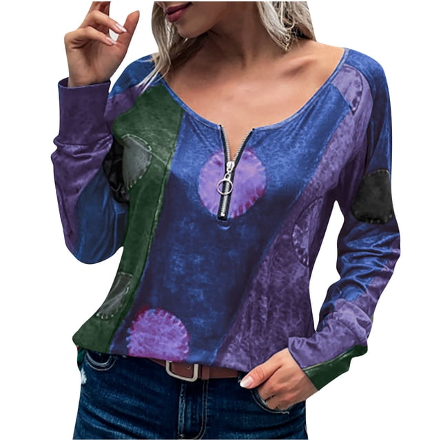 Pompotops Mode Femmes Décontracté Ample Pull Manches Longues Imprimé Fermeture Éclair Col Rond Tees Tops
