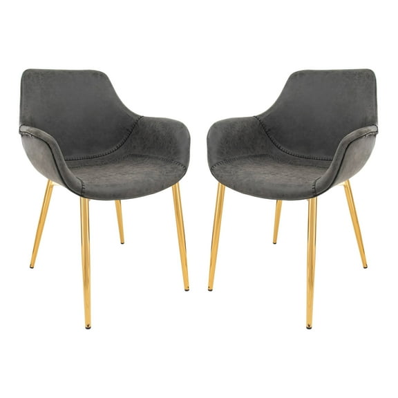 Markley Modern Leather Dining Arm Chair With Gold Metal Legs Set of 2 - Charcoal Black