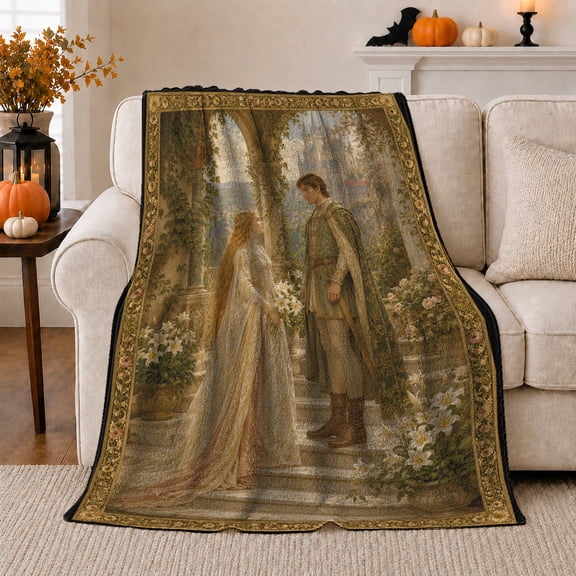 Medieval Couple in Forest Garden, Romantic Vintage Style for Fantasy Lovers, Floral Wedding Scene and Anniversary Gift, Cozy Flannel Blanket for Bedroom and Reading Nook, Home Decor