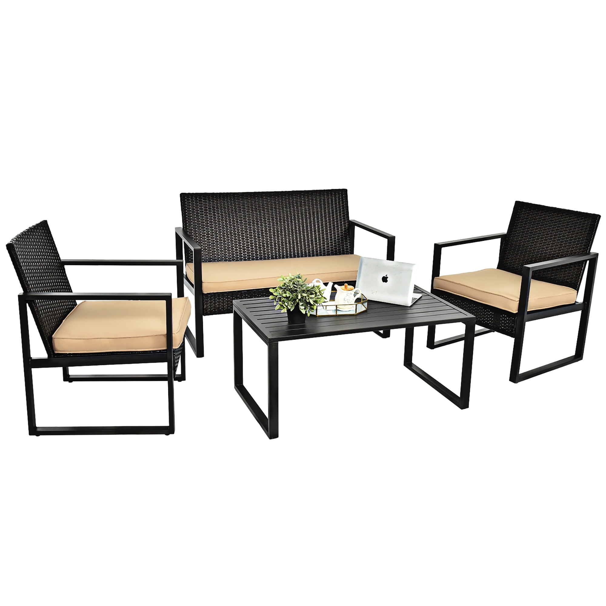 Costway 4PCS Patio Rattan Furniture Set Cushioned Sofa Coffee Table Garden Deck Brown