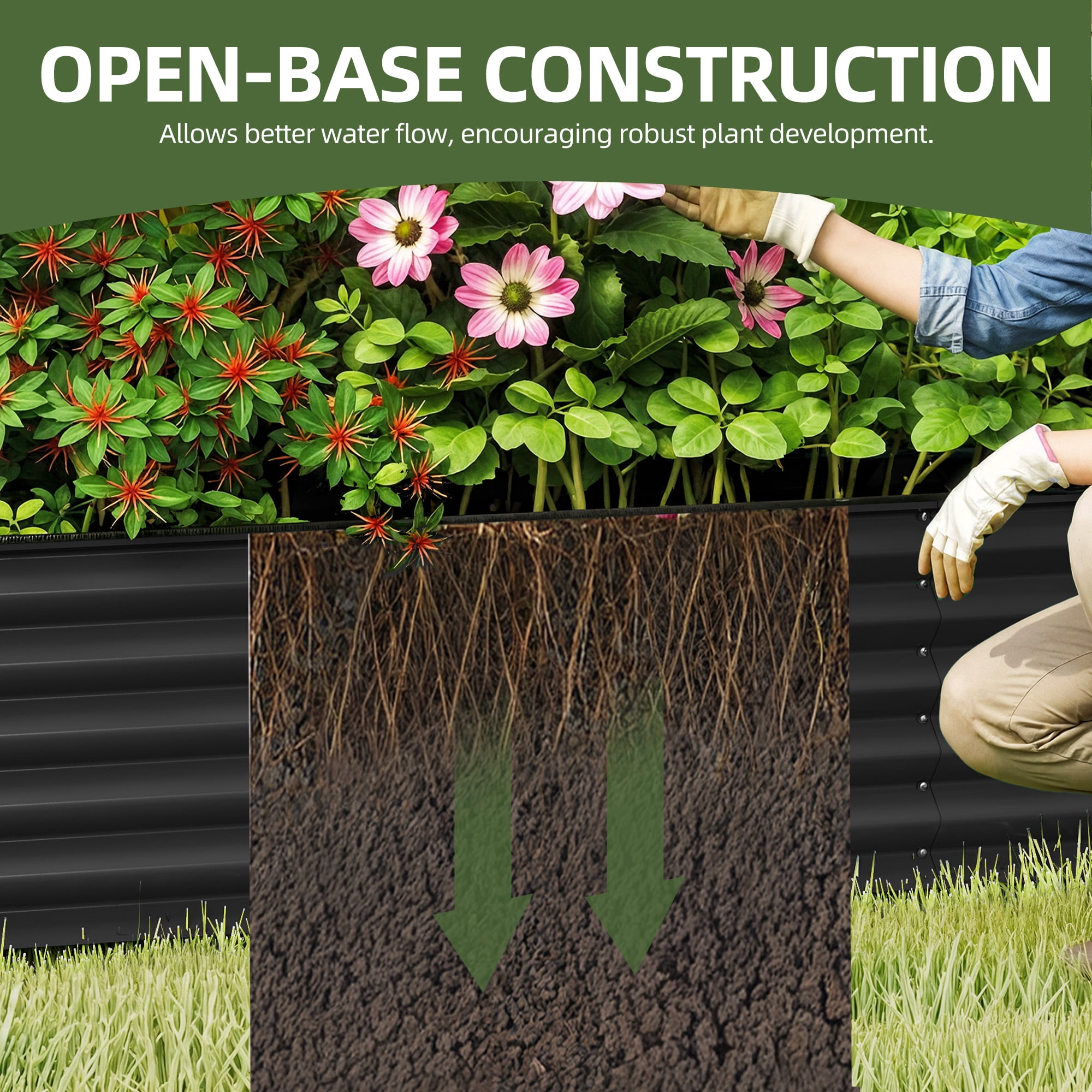 Uforic 8x4x1.5ft Galvanized Metal Raised Garden Bed, Outdoor Planter Box with Safety Rubber & Gloves for Vegetables Flowers, Black
