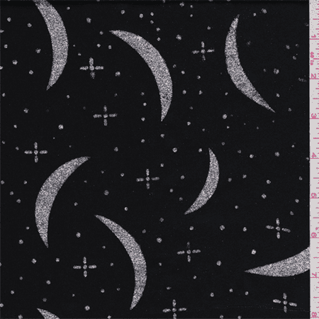 Satin Print Fabric - Black/Silver Crescent Satin, Fabric Sold By the Yard