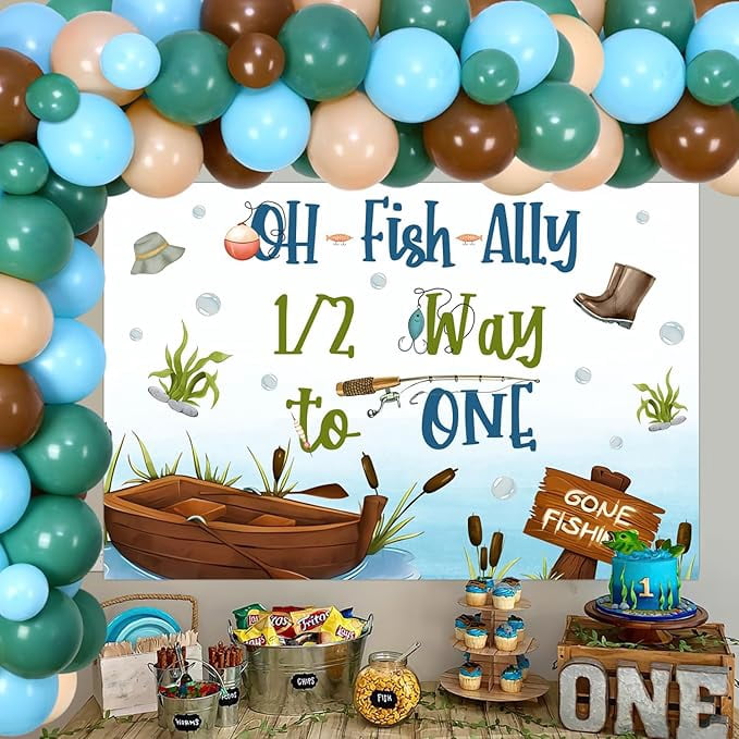 Ofishally 1/2 Way to One Backdrop Fishing Half Birthday Party Decorations Balloon Garland Arch Kit Little Fisherman Half Way to One Bday Decor for Boy Gone Fishing Half Birthday Lakeside Party