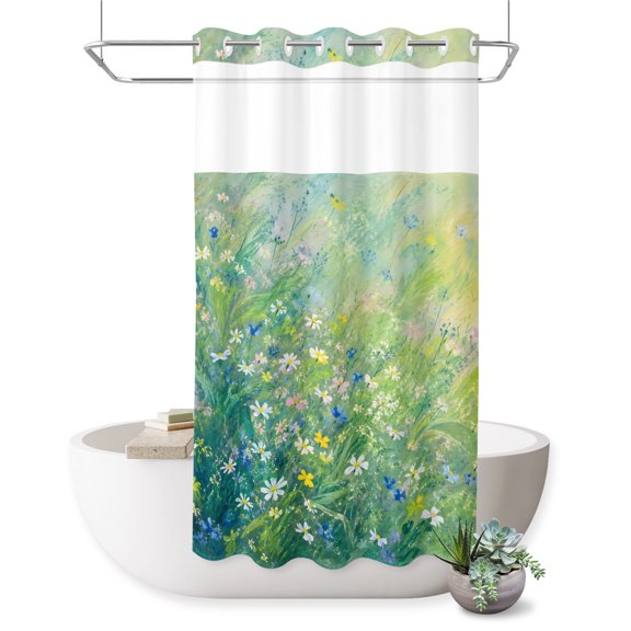 No Hook Shower Curtain, Wildflower Meadow Shower Curtains for Bathroom with See Through Top Window, Lush Green Grass Botanical Cottagecore Waterproof & Washable Bath Curtain Stand Up Stall 36"x72"