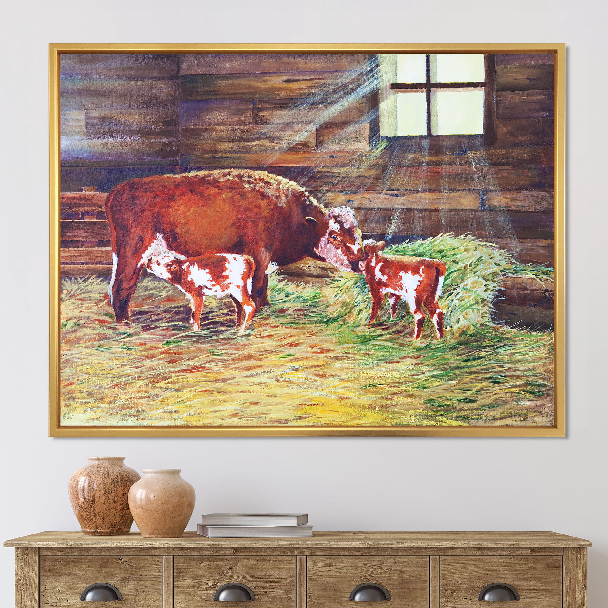 Designart 'Newborn Twin Calves With Cow At The Farm' Farmhouse Framed Canvas Wall Art Print