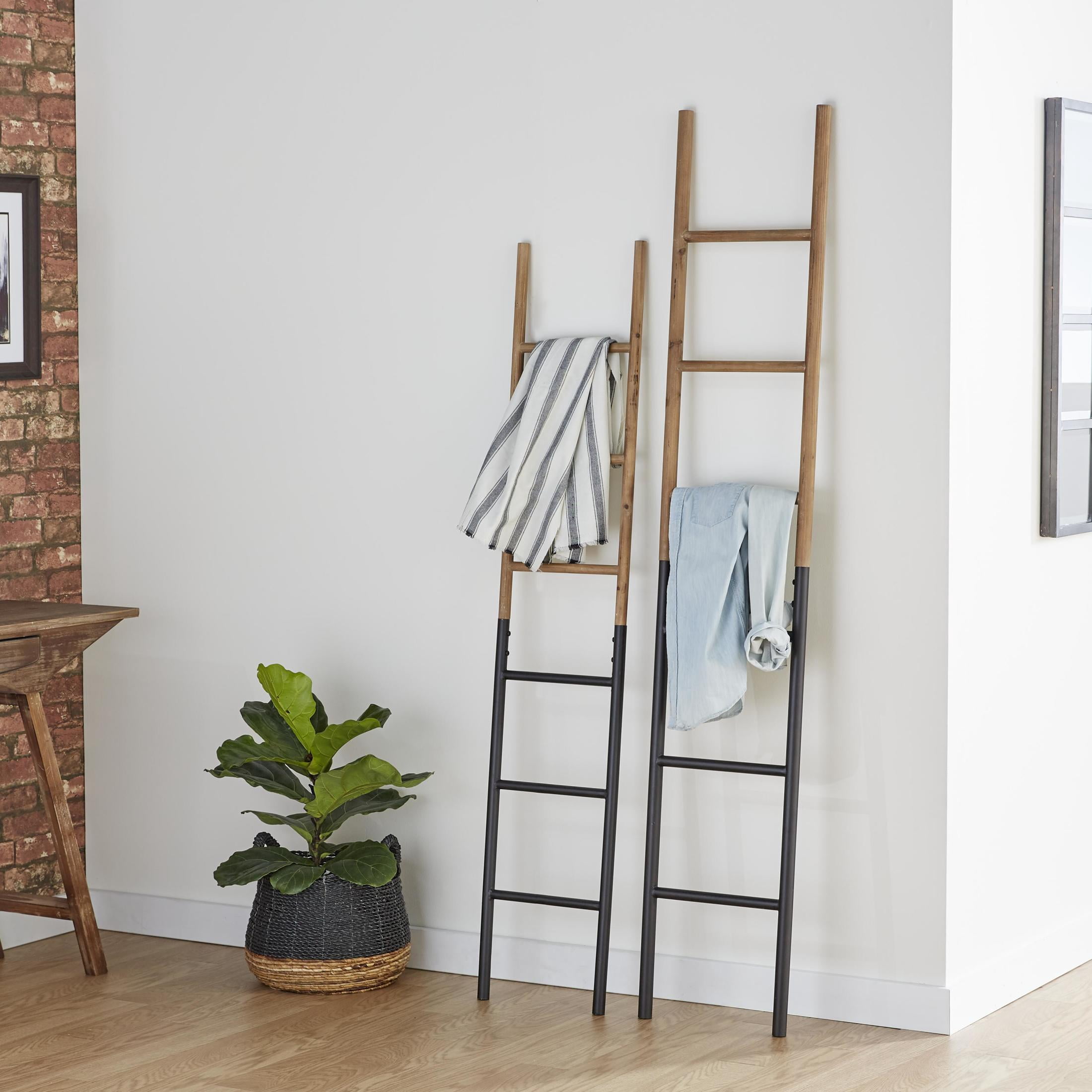 DecMode 71", 62"H Brown Wood Slim Two-Toned 12 Rug Ladder with Black Metal Bases, 2-Pieces