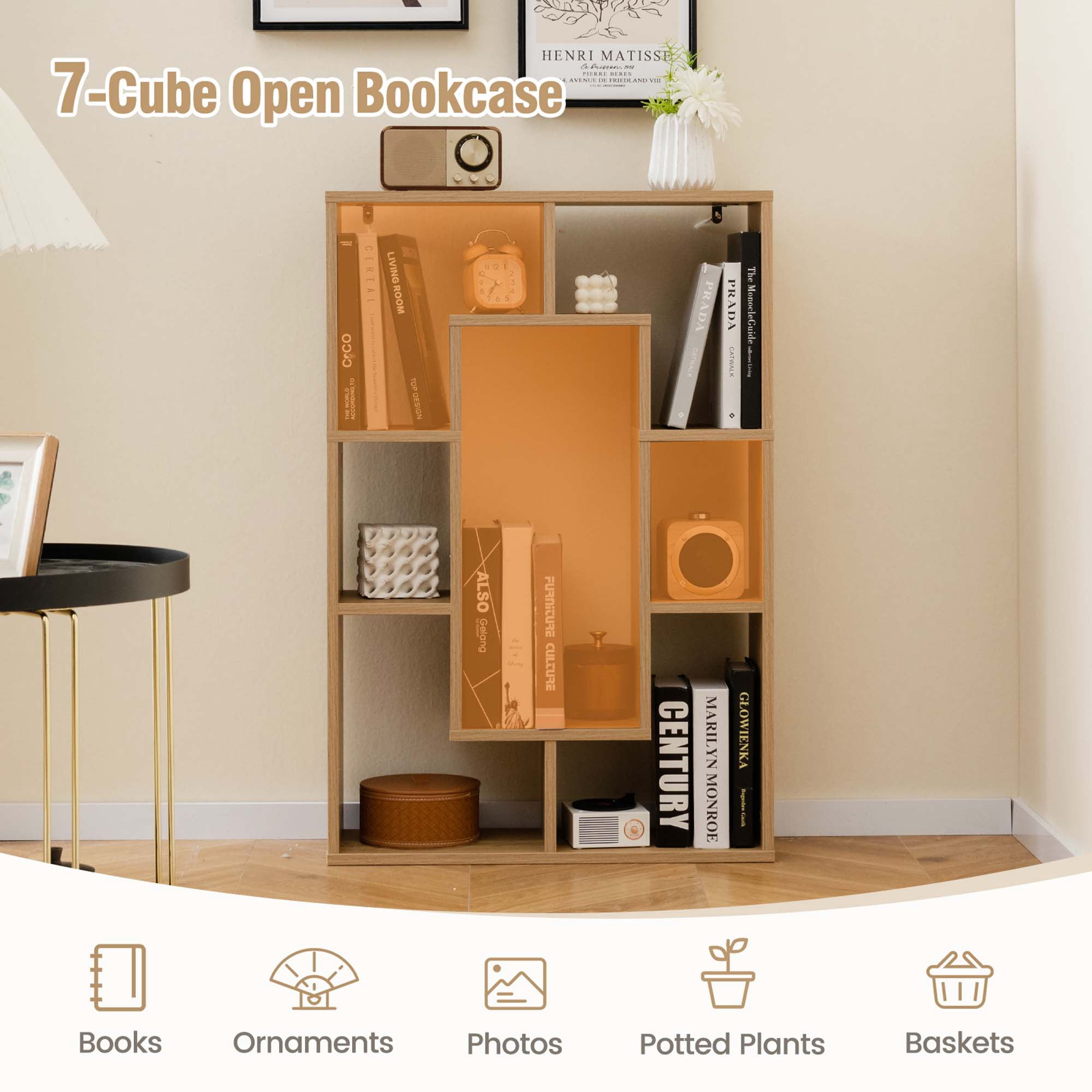 Costway 7-Cube Geometric Bookshelf with Anti-Toppling Device Modern Open Bookcase Natural