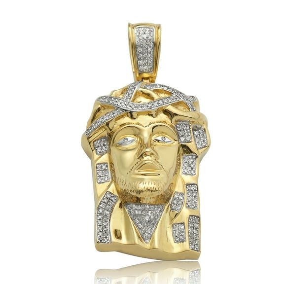 LOVEBLING 10K Yellow Gold 0.50ctw (carats) Diamond Jesus Head Pendant Charm - Solid Back (1.62" x 0.88")