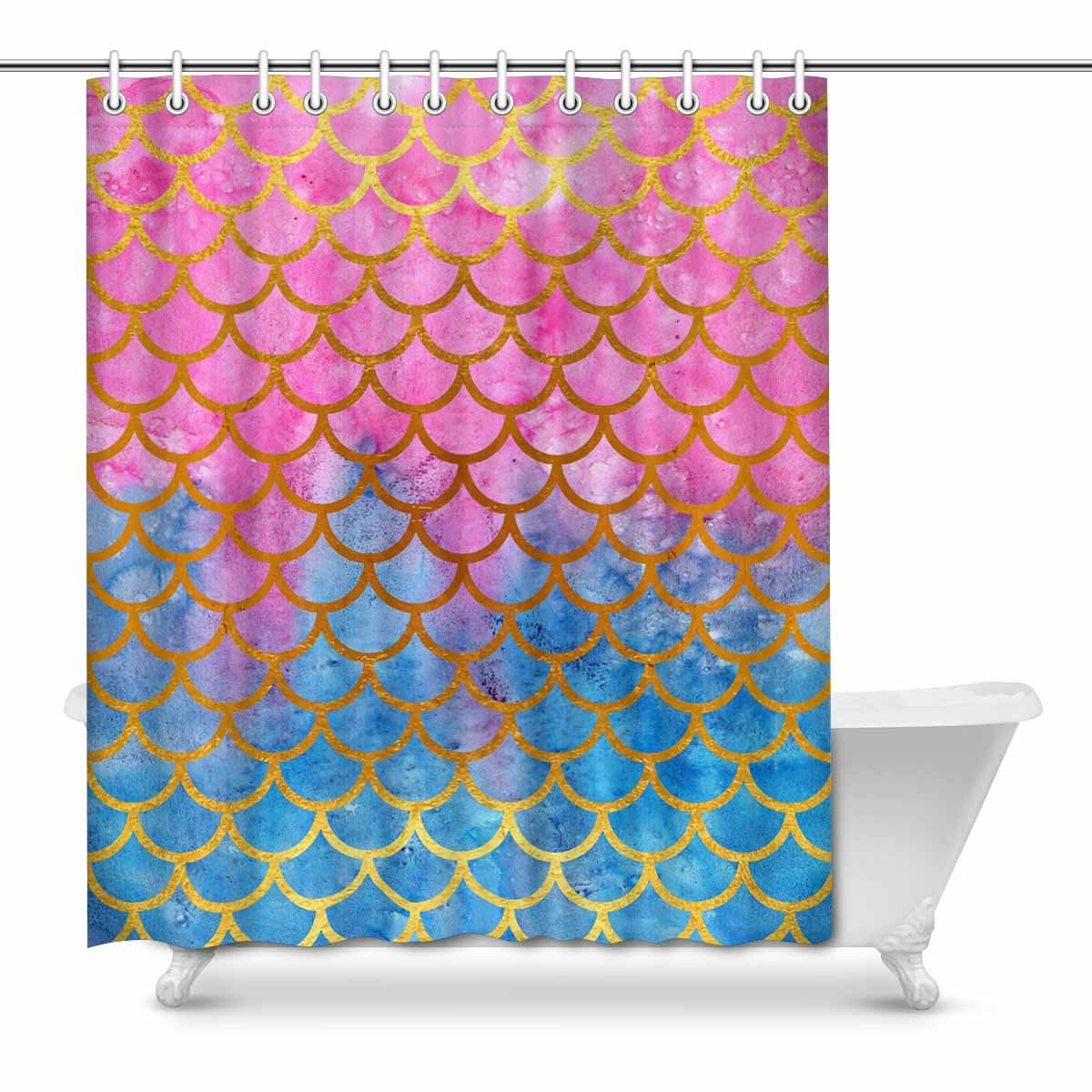 72x72'' Bathroom Waterproof Shower Curtain Sets Fish Scales Mermaid Tail Pattern 