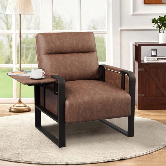 LHTERPU Leather Accent Chair with Foldable Table, Modern Upholstered Armchair for Living Room Bedroom Office Side Chairs Dark Brown