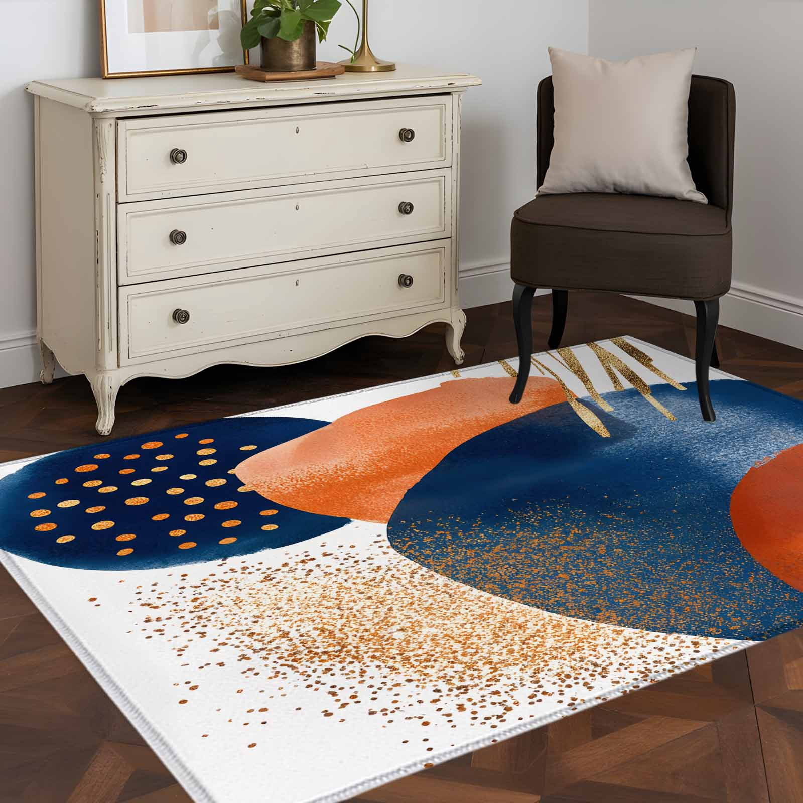 3'x5' Area Rugs, Navy Blue Burnt Orange Indoor Outdoor Area Rug for Living Room Bedroom, Abstract Modern Geometric Washable Bathroom Rugs Kitchen Floor Carpet Mats Home Decor Aesthetic