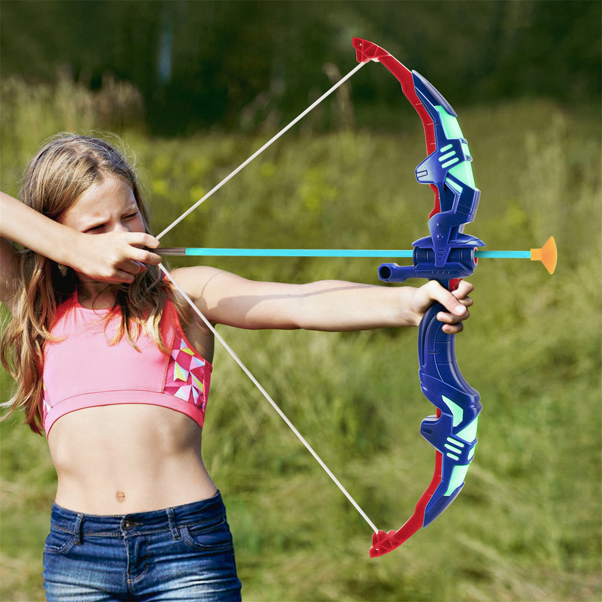 YOUR OWN POTTERY 2 Pack Bow and Arrow Set Toy for Kids with LED Flash Lights and 12 Suction Cup Arrows, Standing Target, for 3-12 Years Old Kids, Blue and Green