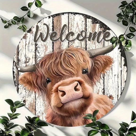 Highland Cow Welcome Round Aluminum Sign - Rustic Farmhouse Distressed Imitation Wooden Plank Porch Decor, 1pc, 8" Wall Art Metal Sign, For Porch, Gardene, Room, Home, Ideal Gifts, Weather, 2D Flat