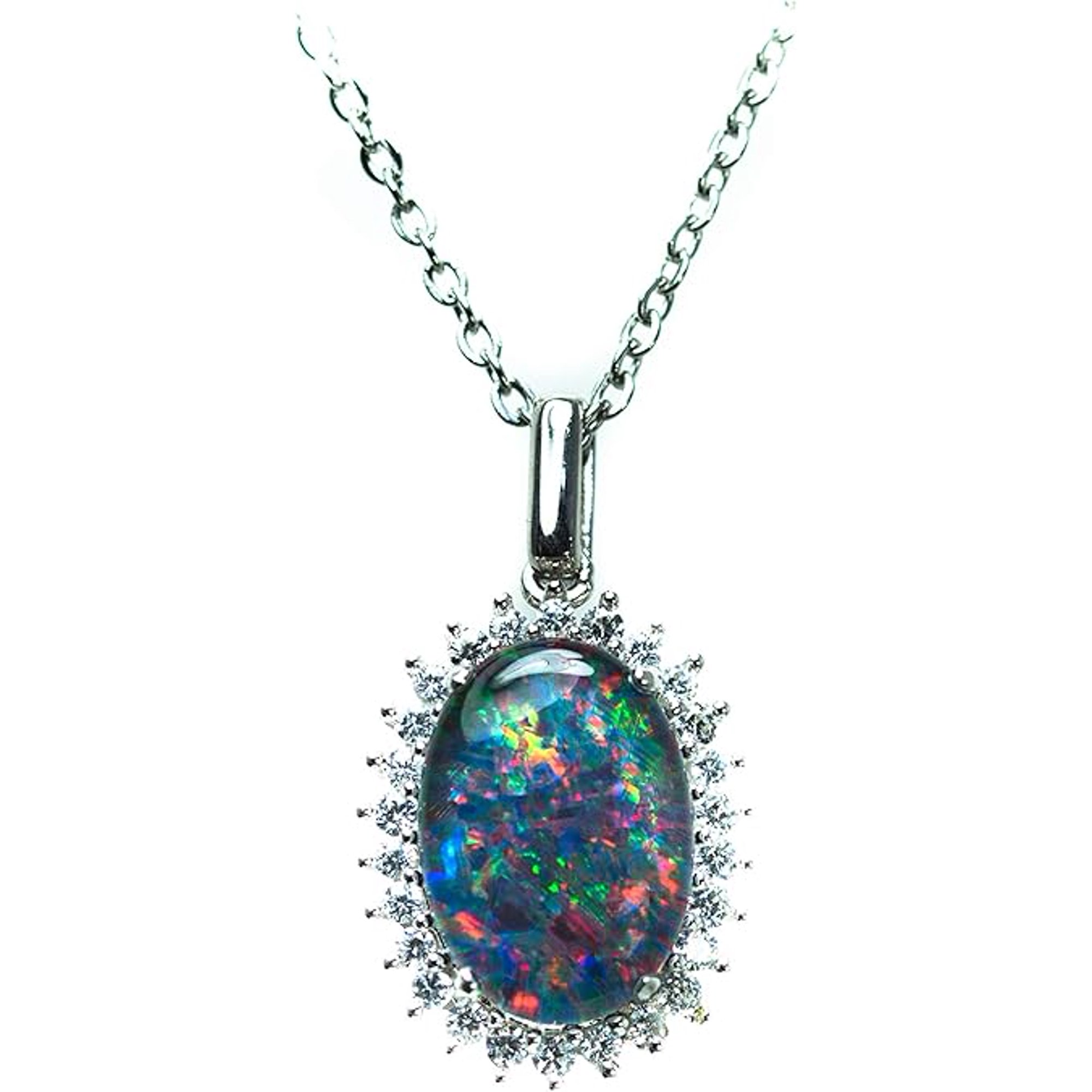 Australian Triplet Opal Necklace - 14x10mm FireOpal - Genuine Triplets Opal Necklace Pendant in Sterling Silver White Gold Plated Women's Jewelry