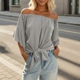 thumbnail image 2 of MIXUE Boho Tops For Women Summer Solid Color Off Shoulder Short Sleeve Loose Casual Tee Shirts Sportswear,Gray,S, 2 of 5