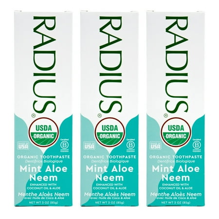 RADIUS USDA Organic Mint Aloe Neem Toothpaste 3 Count, 3oz , Non Toxic , Designed to Improve Gum Health and Help Prevent Cavities