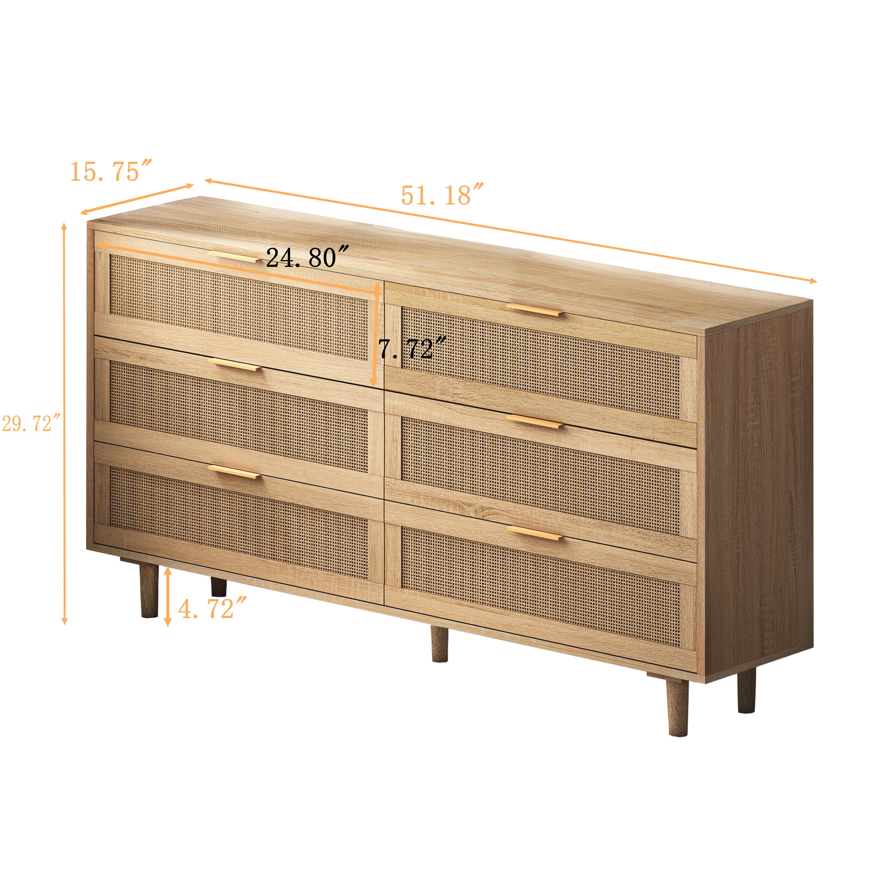 Homy Casa 51.18 Inch 6 Drawers Rattan Storage Cabinet Rattan Drawer for Bedroom Living Room, Natural